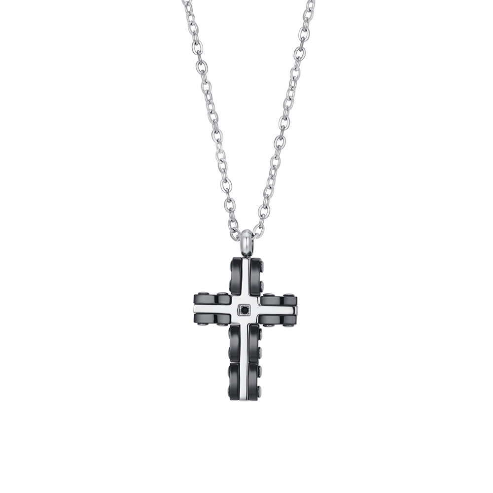 COLLIER CROIX EN ACIER POUR HOMME EN ACIER ET CÉRAMIQUE NOIRE