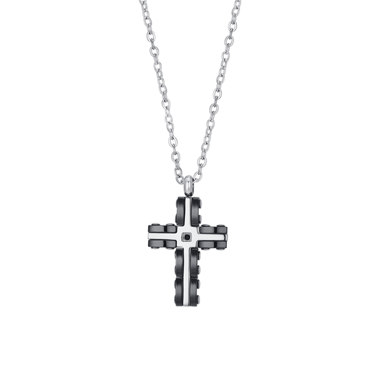 COLLIER CROIX EN ACIER POUR HOMME EN ACIER ET CÉRAMIQUE NOIRE