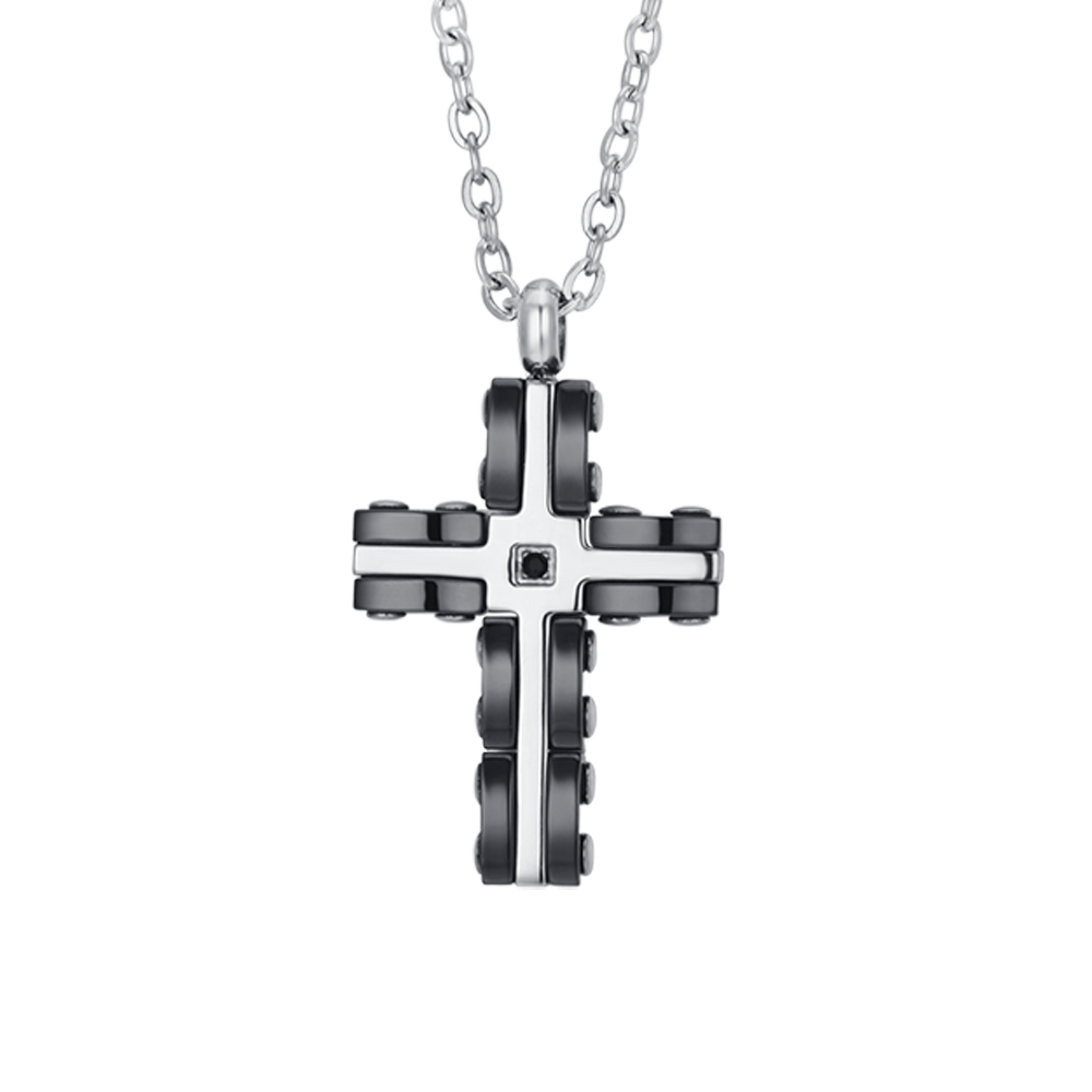 COLLIER CROIX EN ACIER POUR HOMME EN ACIER ET CÉRAMIQUE NOIRE