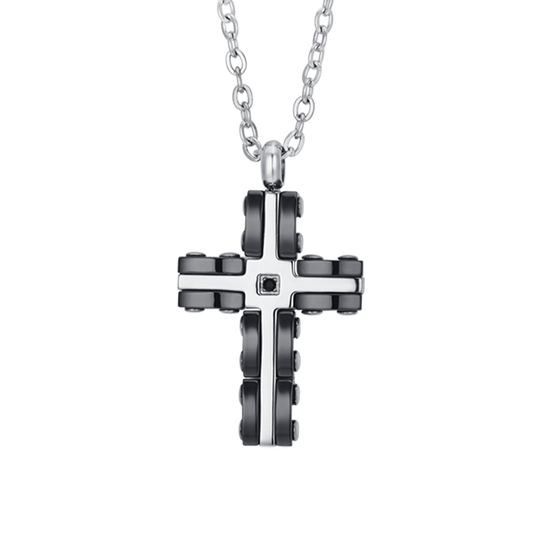 COLLIER CROIX EN ACIER POUR HOMME EN ACIER ET CÉRAMIQUE NOIRE