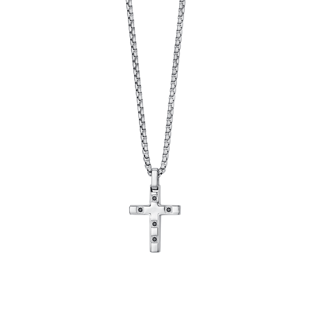 COLLIER HOMME CROIX EN ACIER AVEC CRISTAUX NOIRS