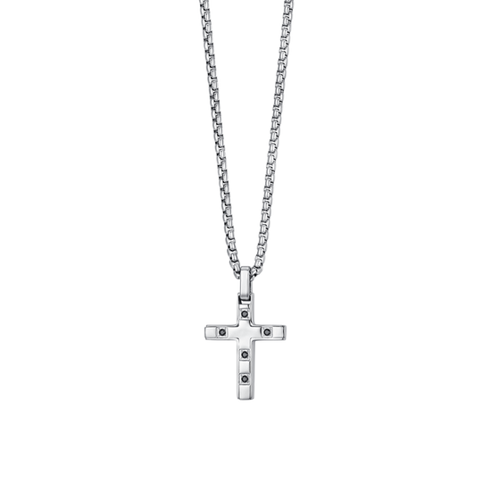 COLLIER HOMME CROIX EN ACIER AVEC CRISTAUX NOIRS