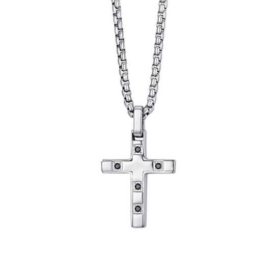 COLLIER HOMME CROIX EN ACIER AVEC CRISTAUX NOIRS