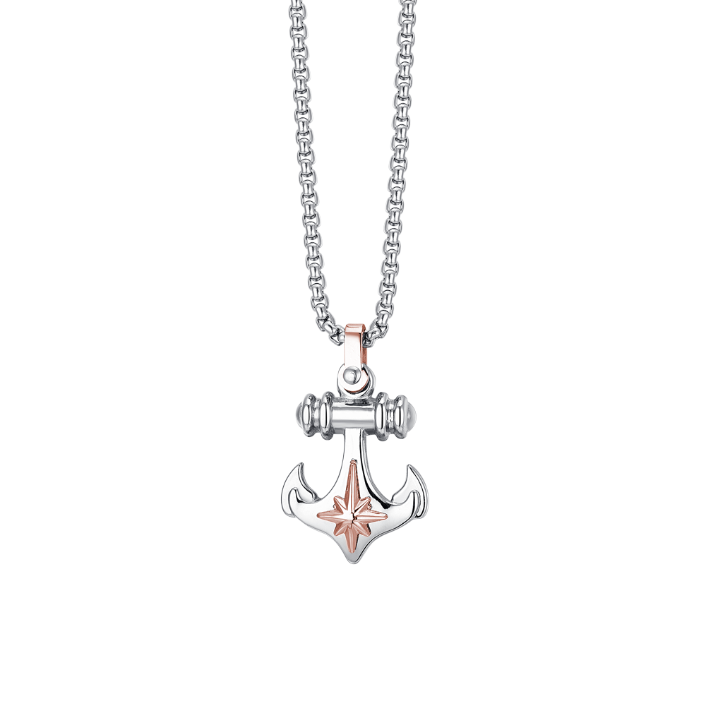 COLLIER HOMME EN ACIER AVEC ANCRE ET ROSE DES VENTS