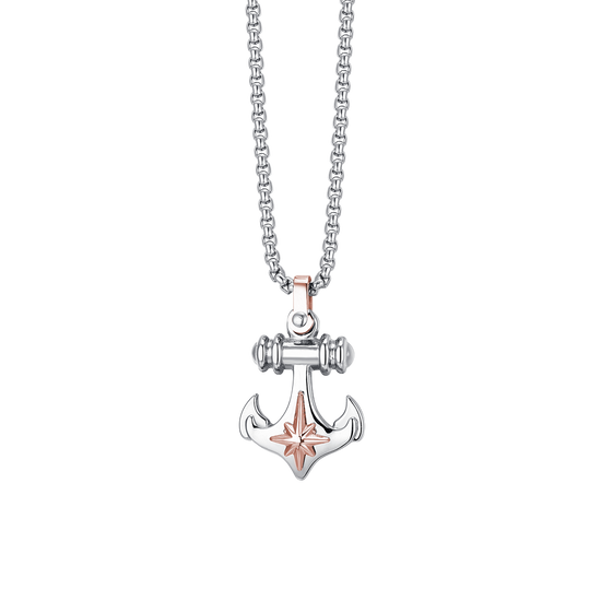 COLLIER HOMME EN ACIER AVEC ANCRE ET ROSE DES VENTS