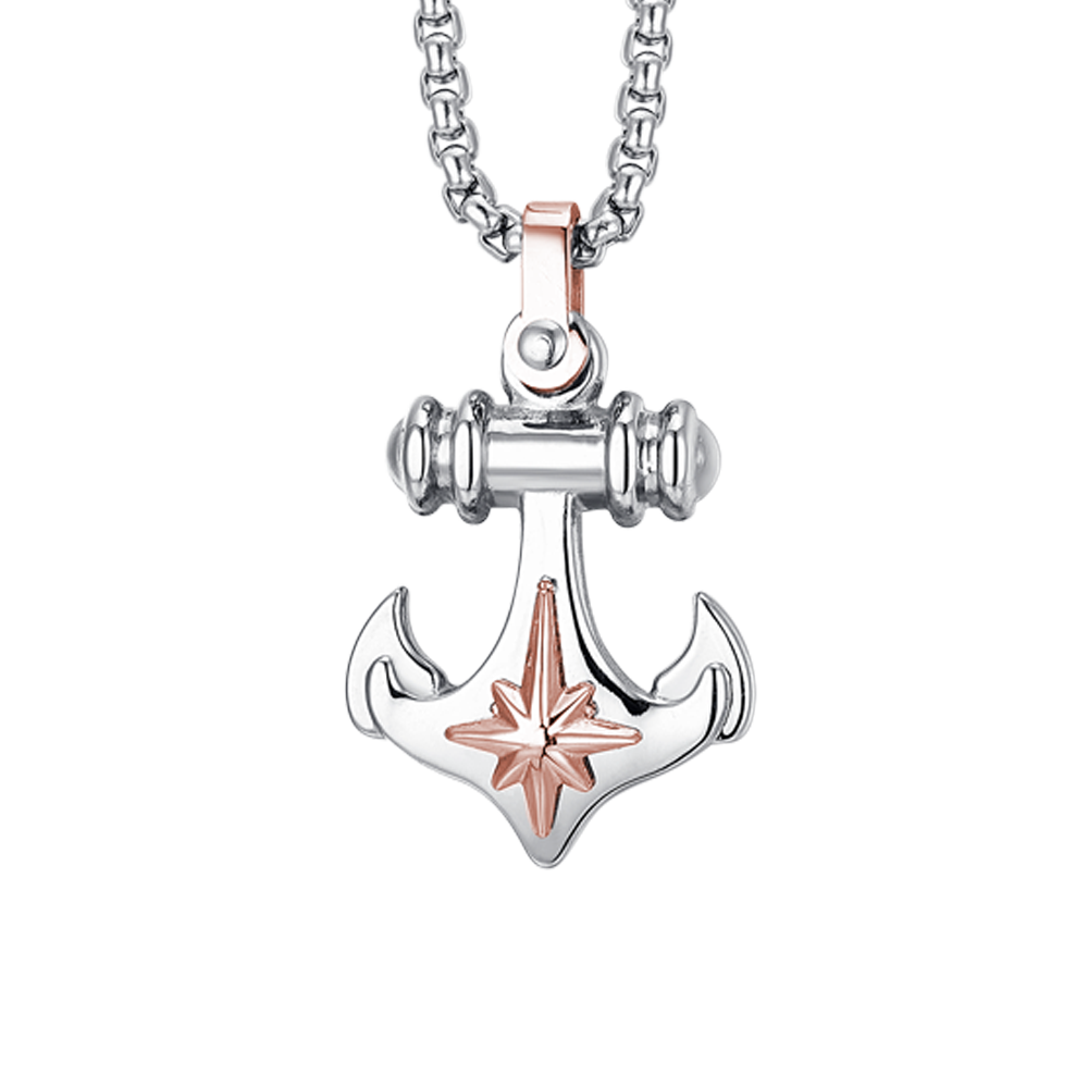 COLLIER HOMME EN ACIER AVEC ANCRE ET ROSE DES VENTS