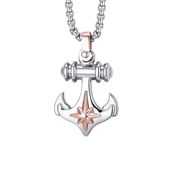 COLLIER HOMME EN ACIER AVEC ANCRE ET ROSE DES VENTS