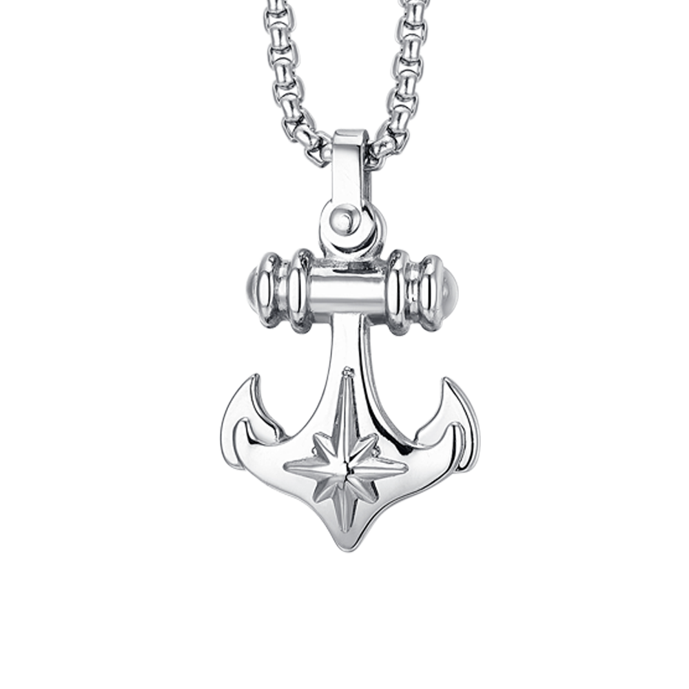 COLLIER HOMME EN ACIER AVEC ANCRE ET ROSE DES VENTS