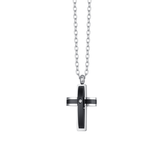 COLLIER HOMME ACIER CROIX IP NOIR ET ZIRCON CUBIQUE