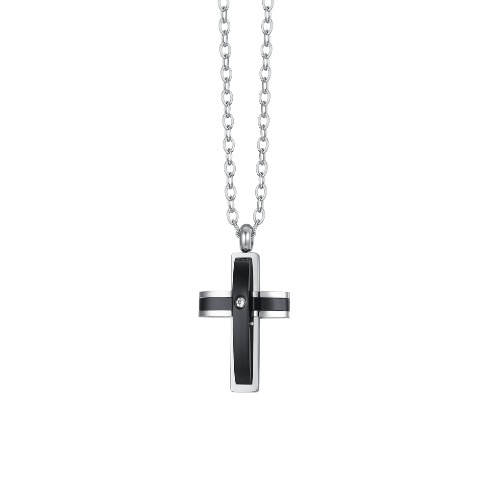 COLLIER HOMME ACIER CROIX IP NOIR ET ZIRCON CUBIQUE