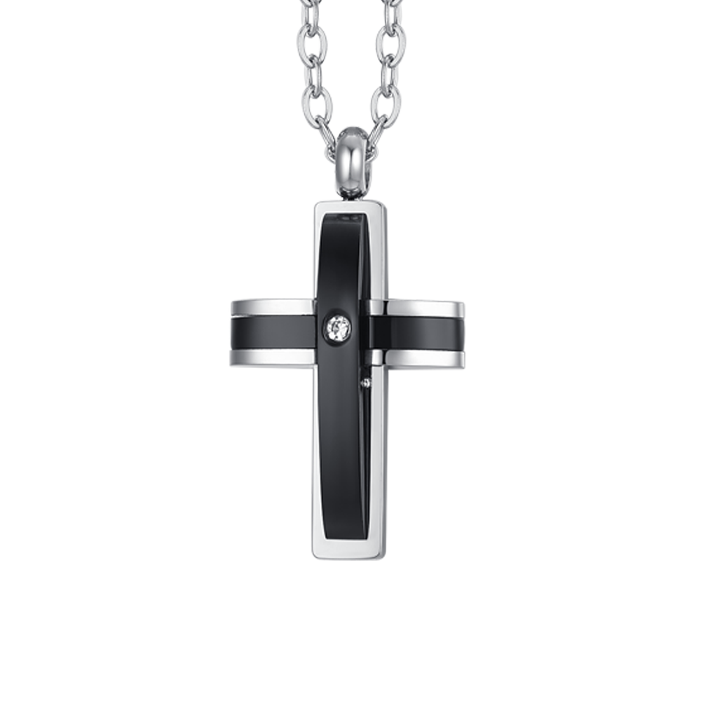 COLLIER HOMME ACIER CROIX IP NOIR ET ZIRCON CUBIQUE