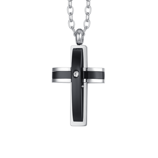 COLLIER HOMME ACIER CROIX IP NOIR ET ZIRCON CUBIQUE