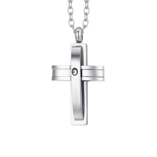 COLLIER HOMME CROIX EN ACIER ET ZIRCON