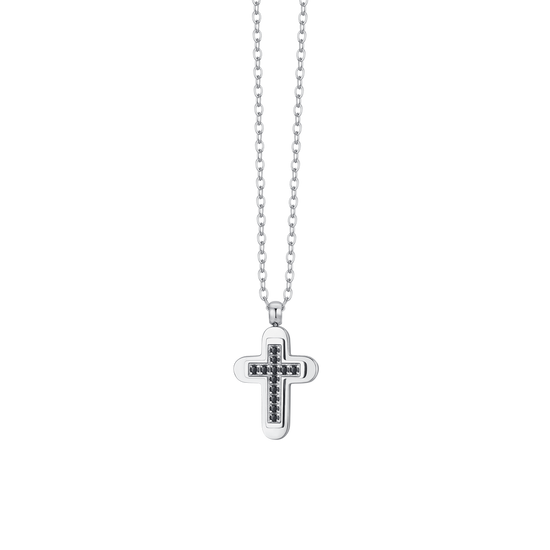 COLLIER POUR HOMME AVEC CROIX EN ACIER ET ZIRCON CUBIQUE NOIR