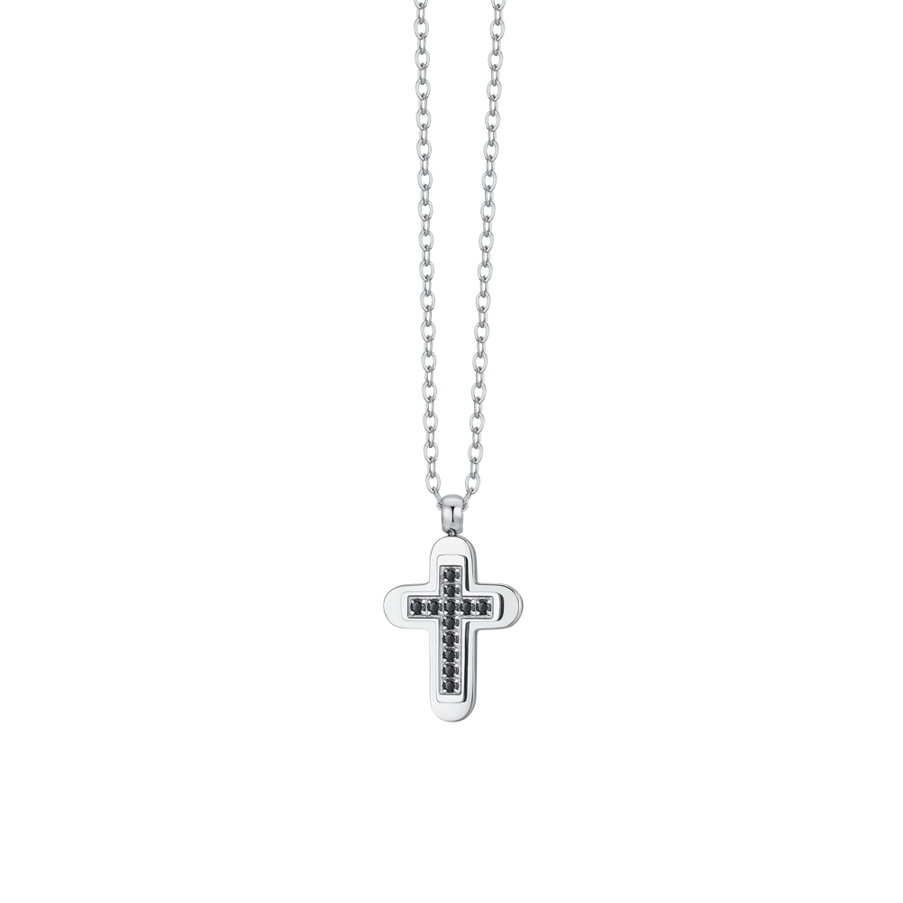 COLLIER POUR HOMME AVEC CROIX EN ACIER ET ZIRCON CUBIQUE NOIR