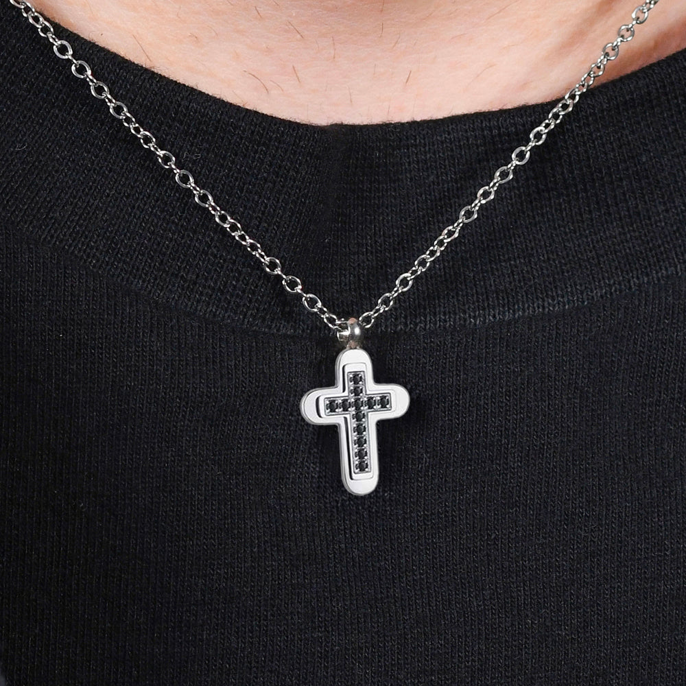 COLLIER POUR HOMME AVEC CROIX EN ACIER ET ZIRCON CUBIQUE NOIR