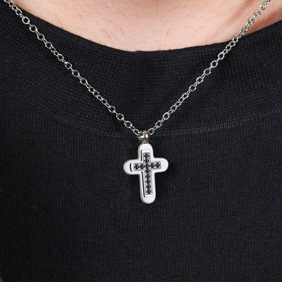 COLLIER POUR HOMME AVEC CROIX EN ACIER ET ZIRCON CUBIQUE NOIR