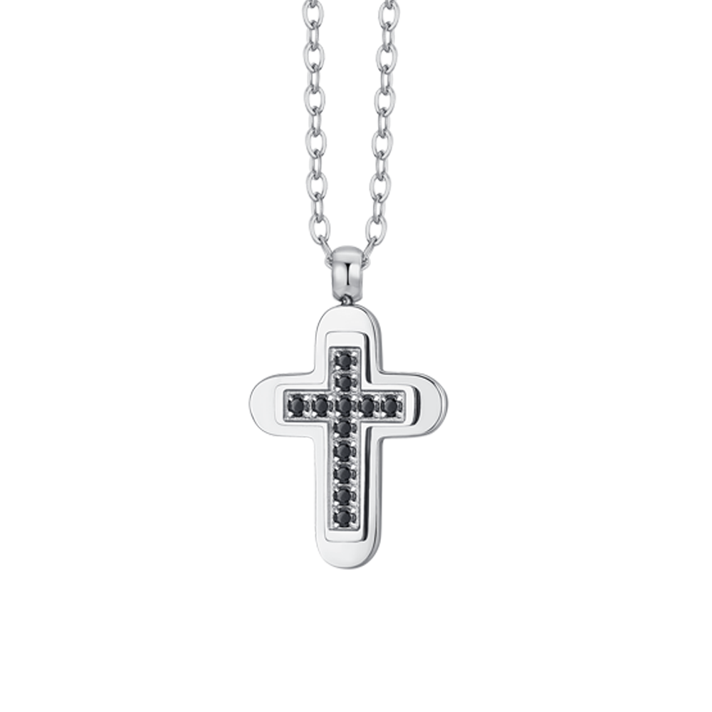 COLLIER POUR HOMME AVEC CROIX EN ACIER ET ZIRCON CUBIQUE NOIR