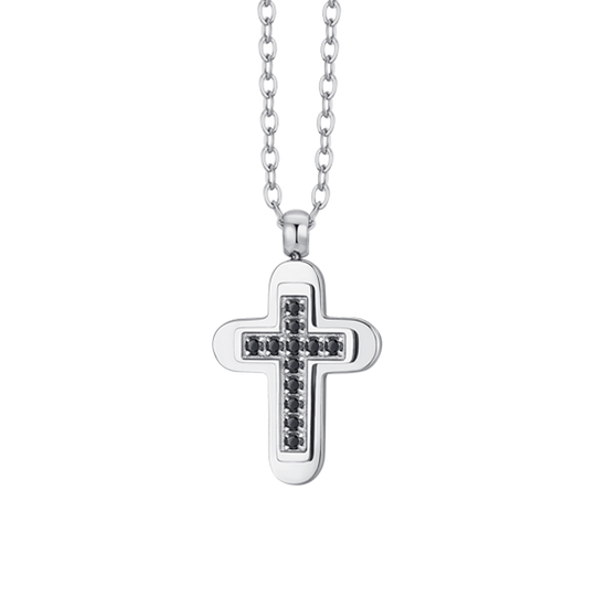 COLLIER POUR HOMME AVEC CROIX EN ACIER ET ZIRCON CUBIQUE NOIR