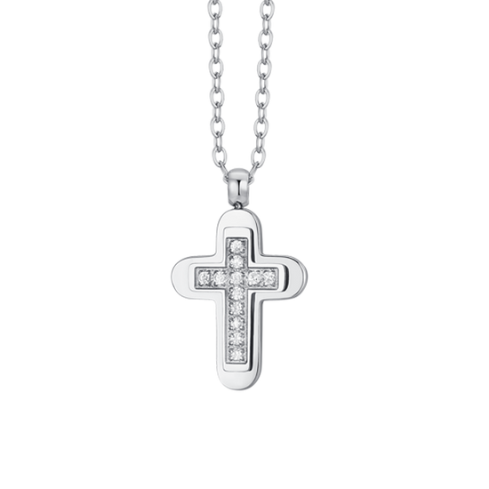 COLLIER POUR HOMME AVEC CROIX EN ACIER ET ZIRCON CUBIQUE BLANC