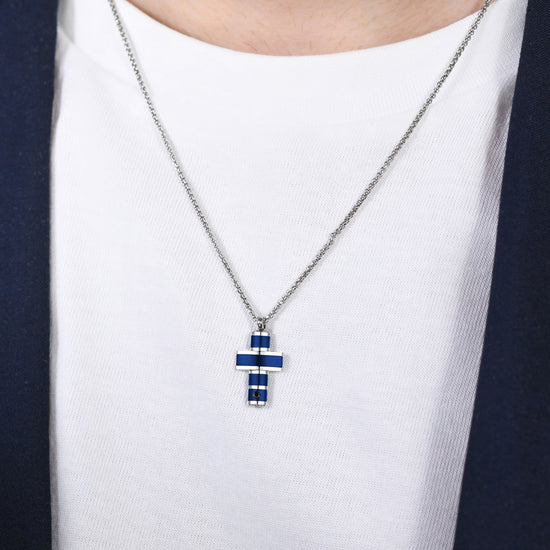 HOMME ACIER CROIX IP COLLIER BLEU