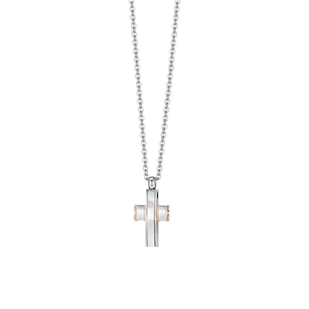 COLLIER HOMME CROIX EN ACIER ET IP EN OR ROSE