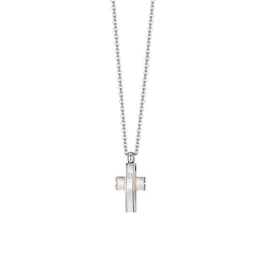 COLLIER HOMME CROIX EN ACIER ET IP EN OR ROSE