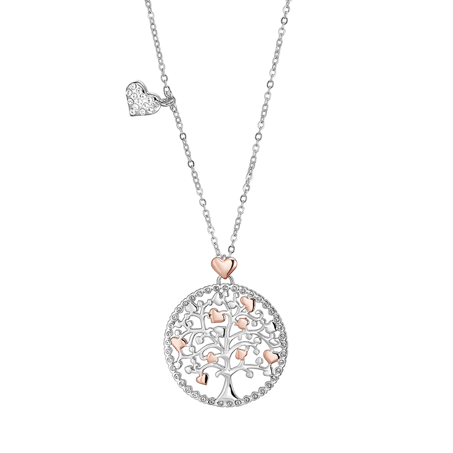 COLLIER POUR FEMME EN ACIER, ARBRE DE VIE AVEC CŒURS DE ROSE