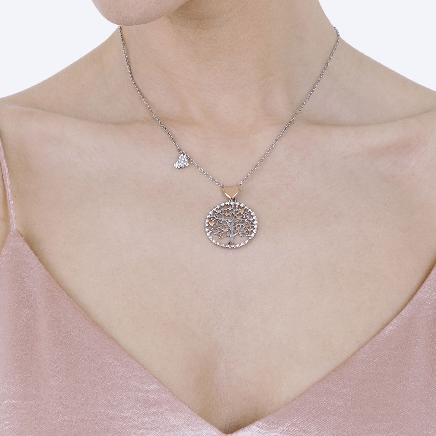 COLLIER POUR FEMME EN ACIER, ARBRE DE VIE AVEC CŒURS DE ROSE