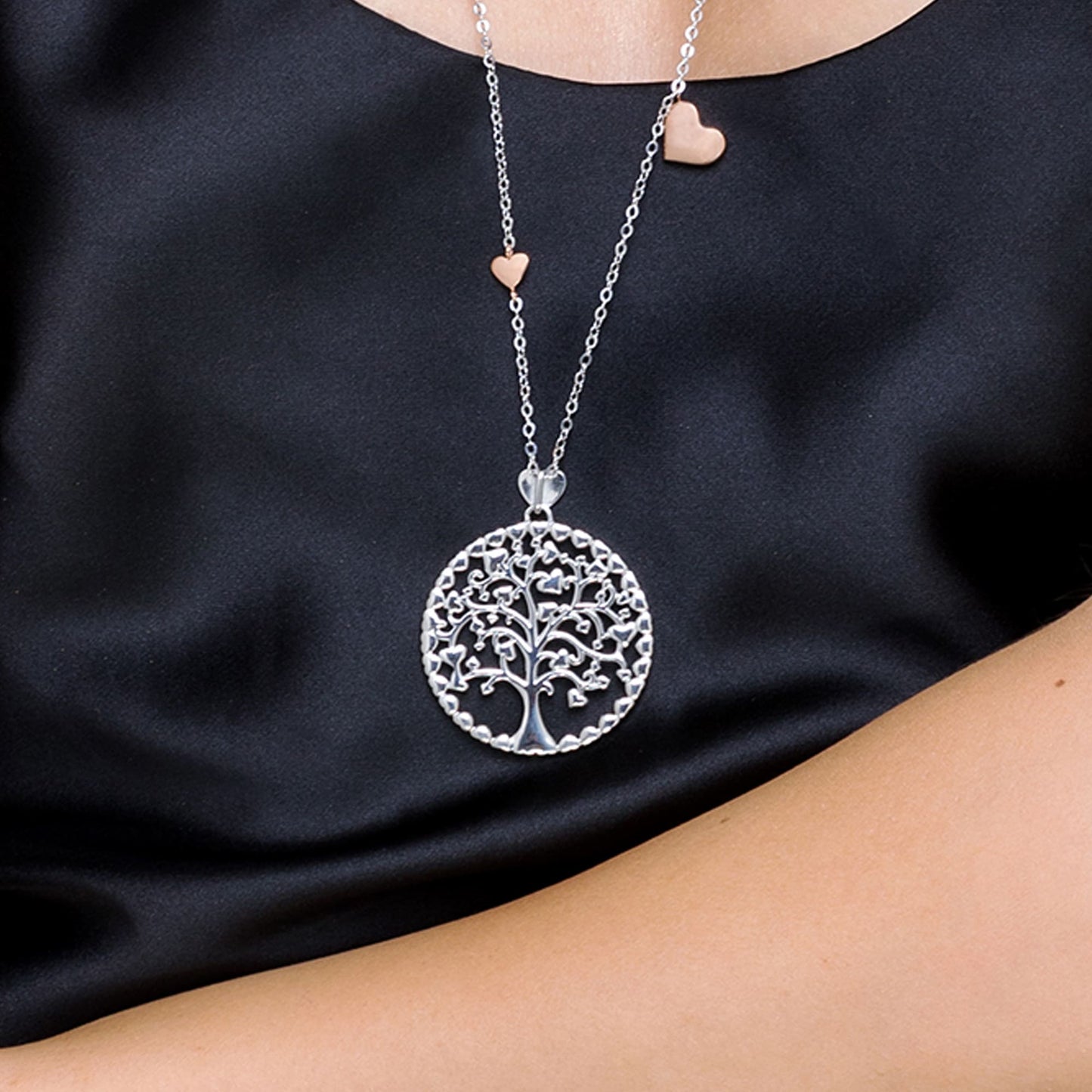 COLLIER FEMME ARBRE DE VIE EN ACIER AVEC ÉLÉMENTS DE ROSE