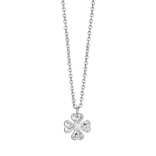 COLLIER EN ACIER POUR FEMMES AVEC TRÈFLE À QUATRE FEUILLES ET CRISTAUX BLANCS