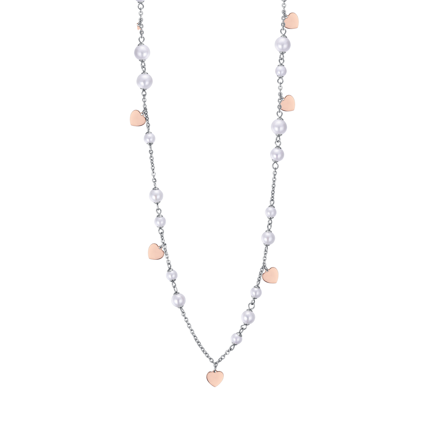 COLLIER EN ACIER AVEC PERLES BLANCHES ET CŒURS DE ROSES IP