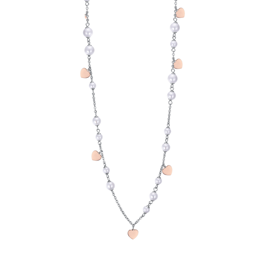 COLLIER EN ACIER AVEC PERLES BLANCHES ET CŒURS DE ROSES IP