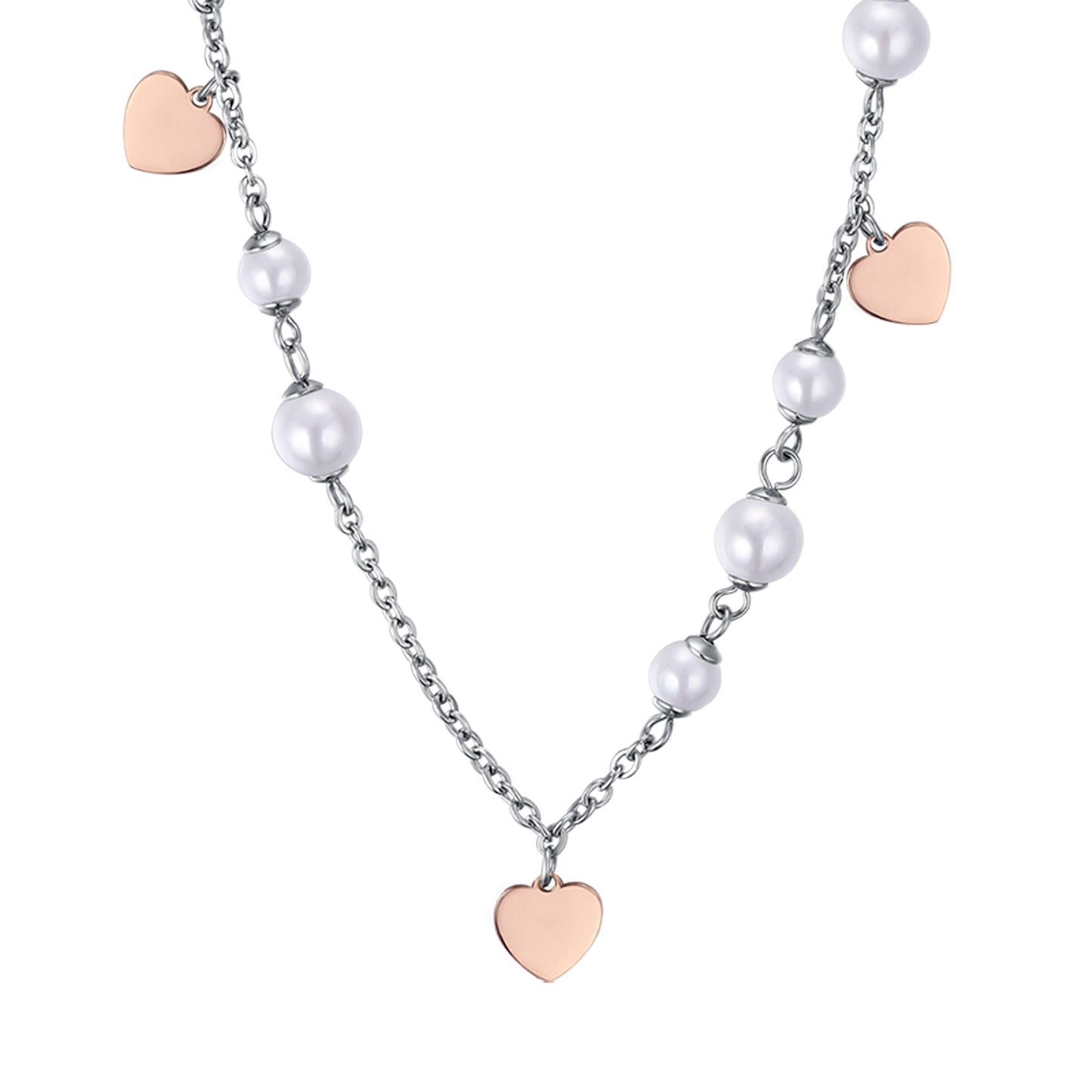 COLLIER EN ACIER AVEC PERLES BLANCHES ET CŒURS DE ROSES IP