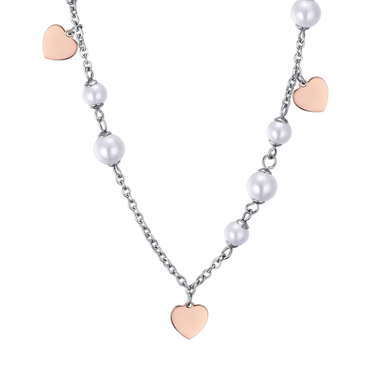 COLLIER EN ACIER AVEC PERLES BLANCHES ET CŒURS DE ROSES IP