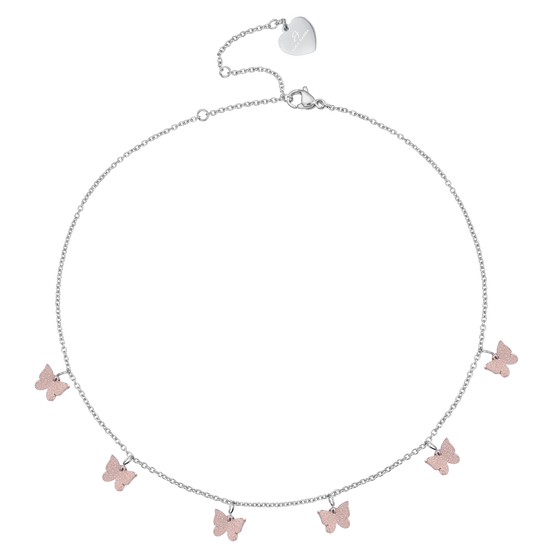 COLLIER EN ACIER AVEC PAPILLONS ET ROSES IP PAILLETÉES