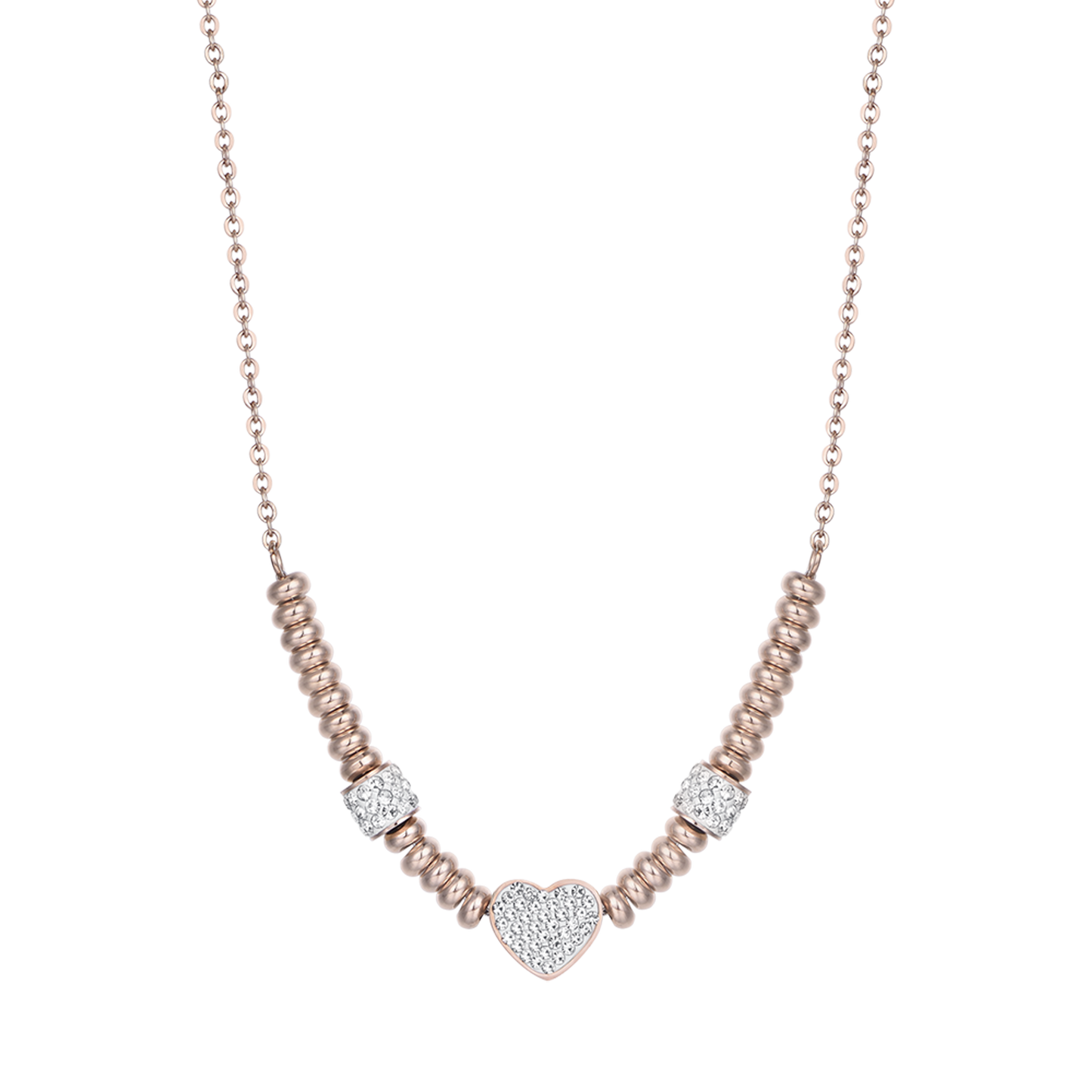 COLLIER ACIER IP ROSE AVEC COEUR AVEC CRISTAUX BLANCS