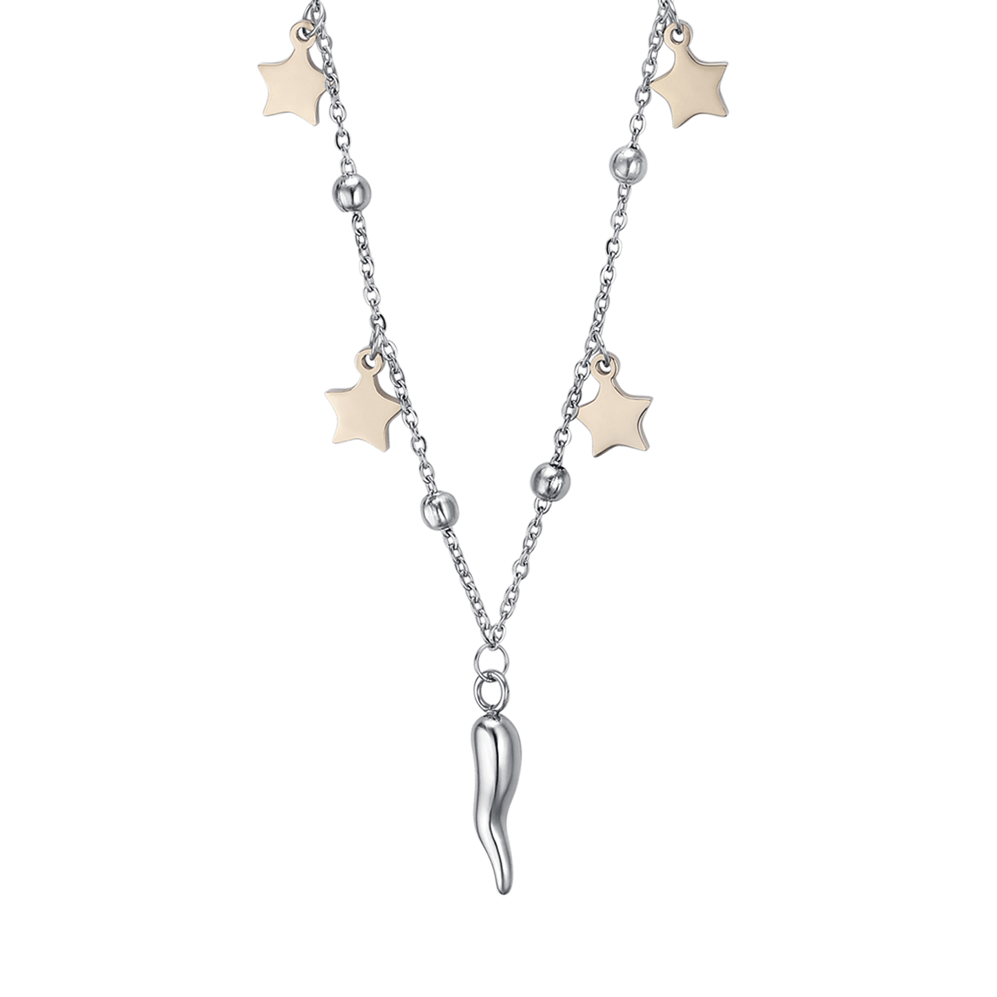 COLLIER POUR FEMME EN ACIER AVEC ÉTOILES ET CORNE EN OR IP