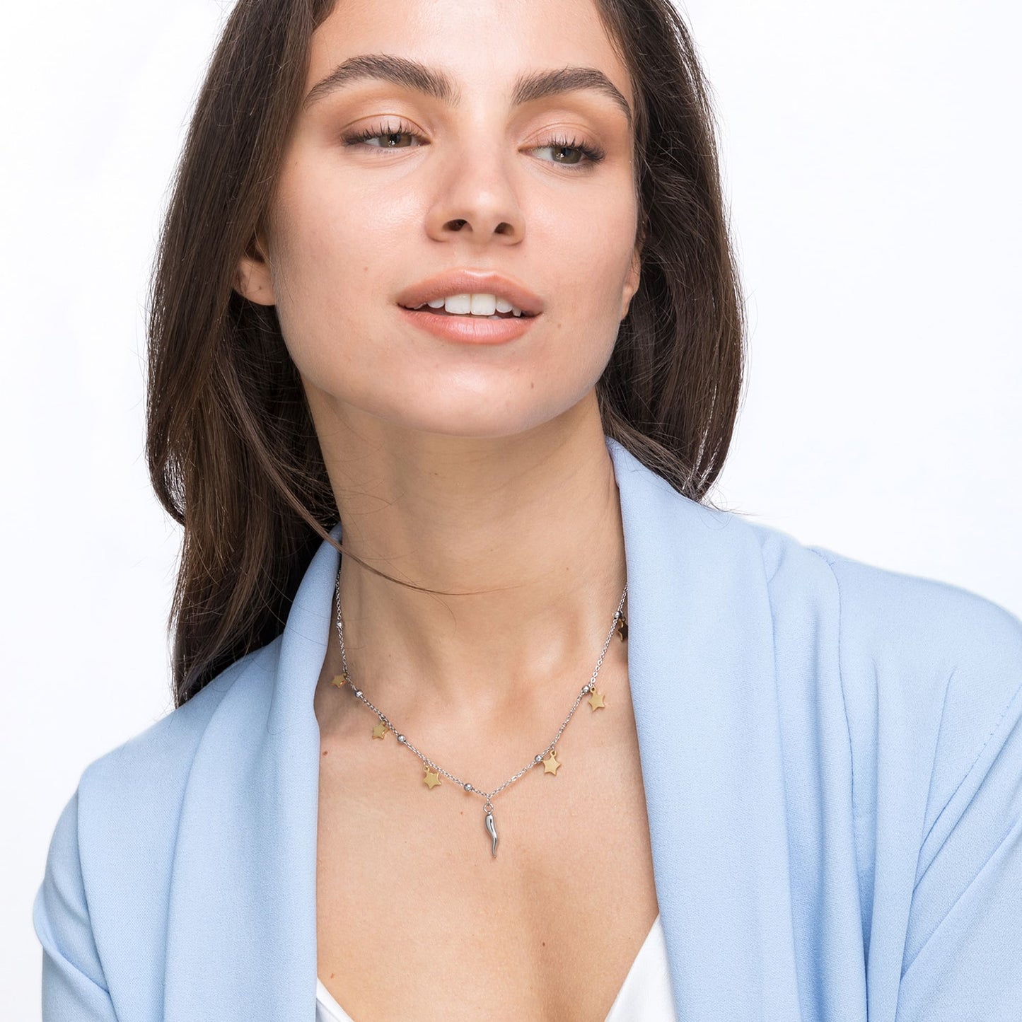 COLLIER POUR FEMME EN ACIER AVEC ÉTOILES ET CORNE EN OR IP