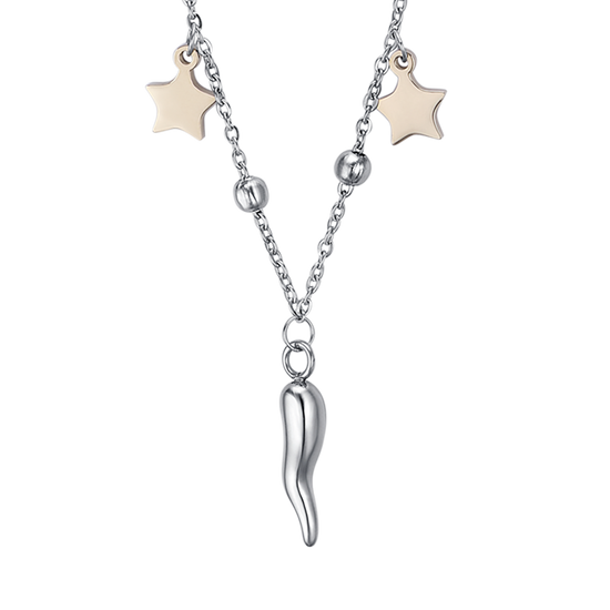 COLLIER POUR FEMME EN ACIER AVEC ÉTOILES ET CORNE EN OR IP