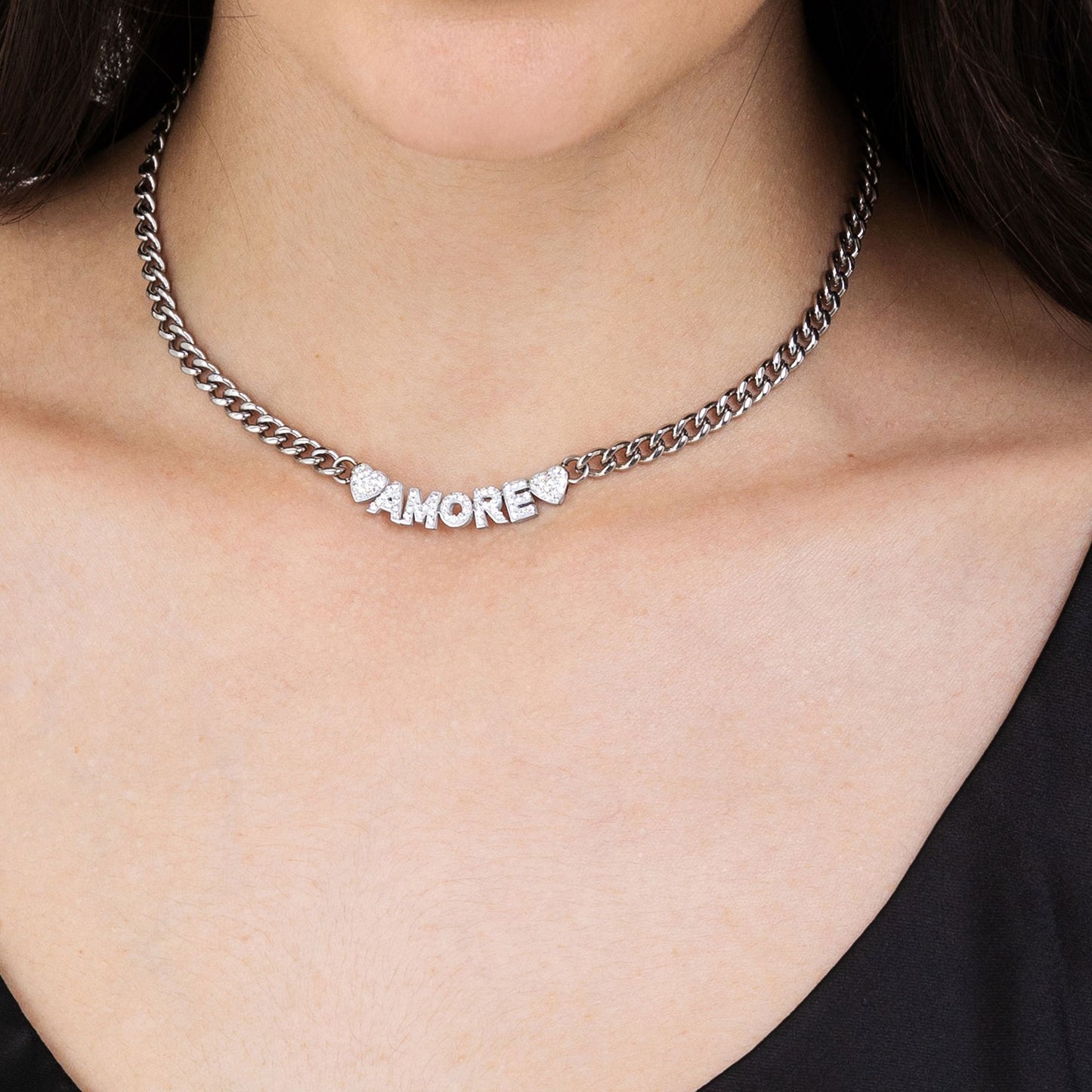 COLLIER D'AMOUR EN ACIER POUR FEMMES AVEC CRISTAUX BLANCS