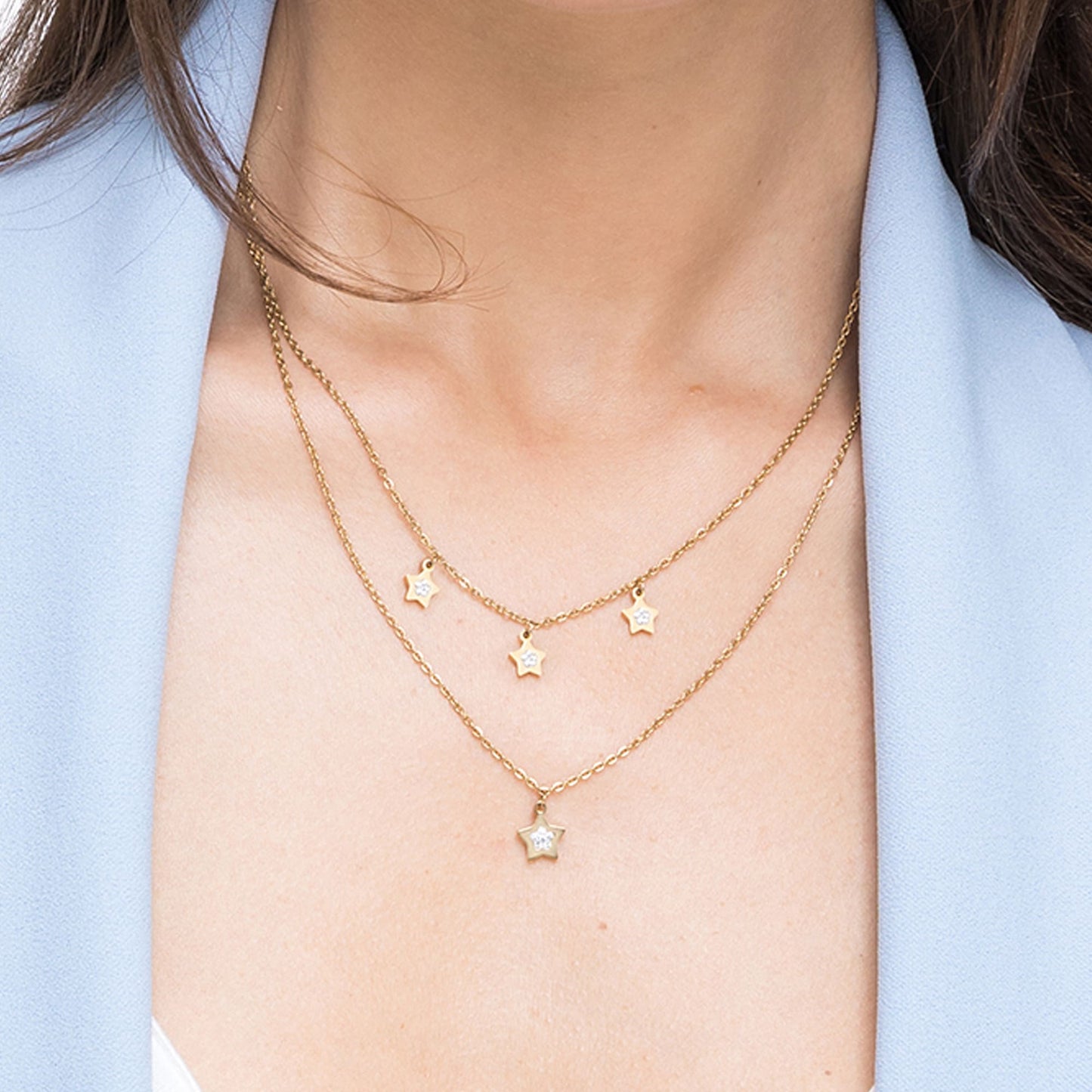 COLLIER EN ACIER DORÉ POUR FEMMES AVEC ÉTOILES ET CRISTAUX BLANCS