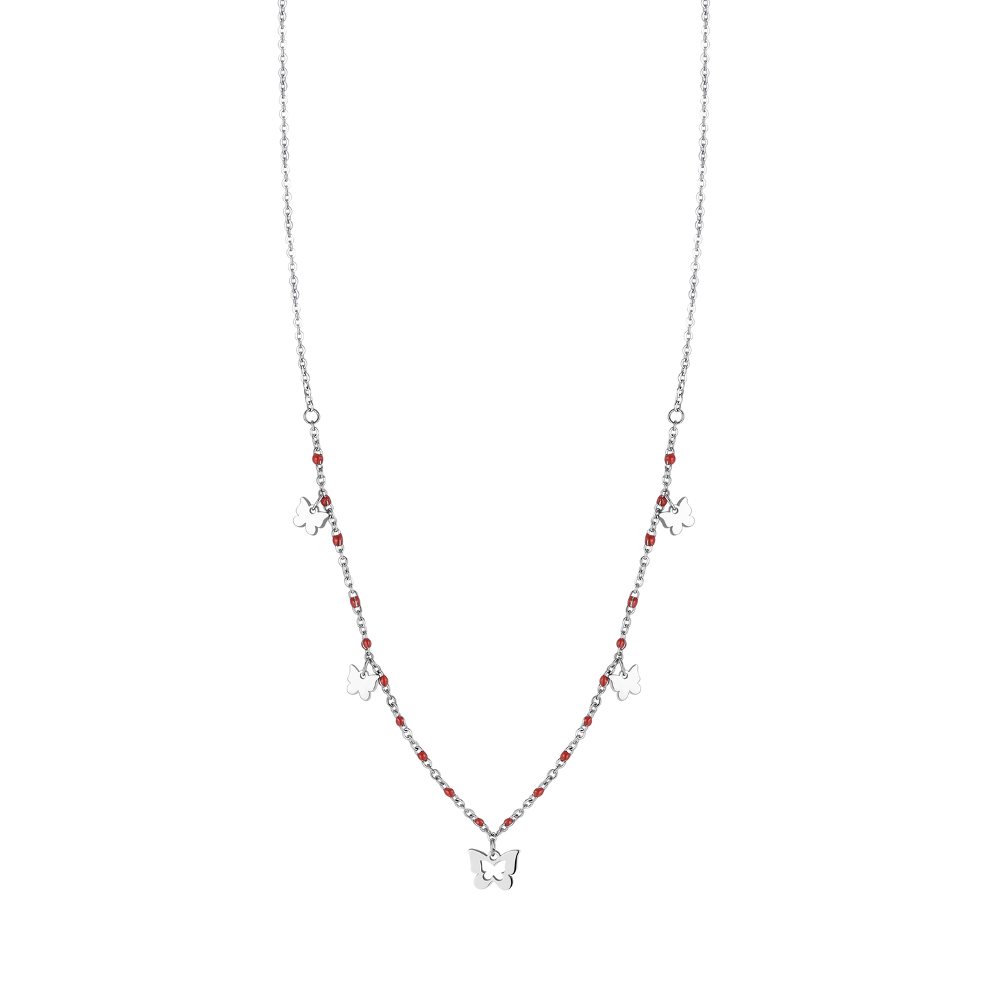 COLLIER EN ACIER AVEC PAPILLONS ET PIERRES ROUGES