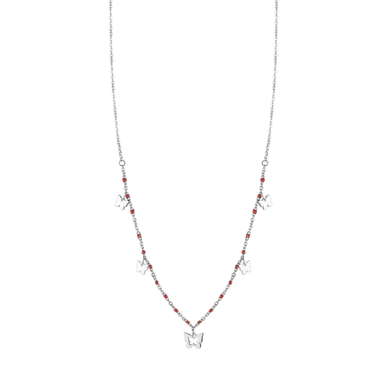 COLLIER EN ACIER AVEC PAPILLONS ET PIERRES ROUGES