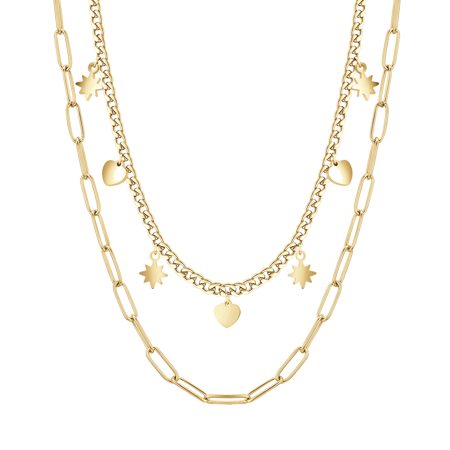 COLLIER MULTIBRINS EN ACIER ET OR AVEC ÉTOILES ET CŒURS