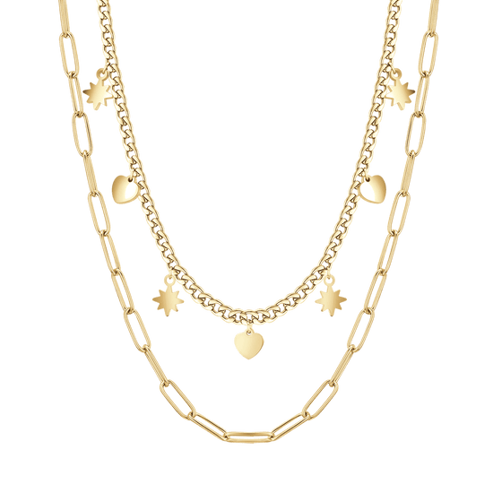 COLLIER MULTIBRINS EN ACIER ET OR AVEC ÉTOILES ET CŒURS