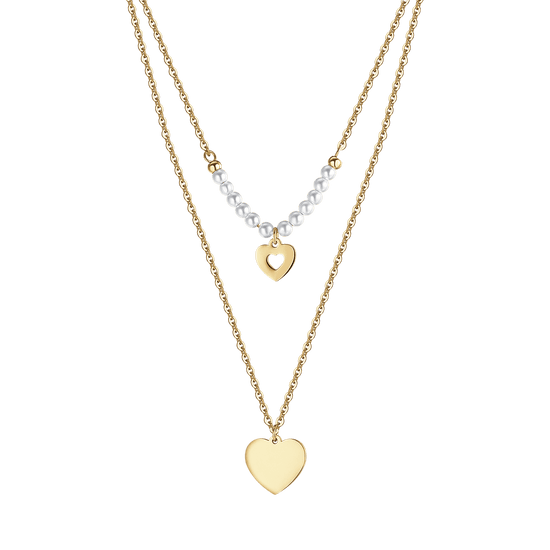 COLLIER FEMME EN ACIER DORÉ IP AVEC CŒURS ET PERLES BLANCHES