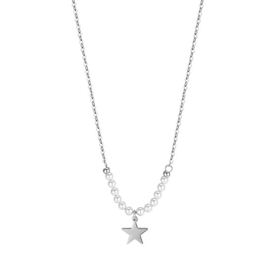 COLLIER FEMME EN ACIER DORÉ IP AVEC ÉTOILE ET PERLES BLANCHES