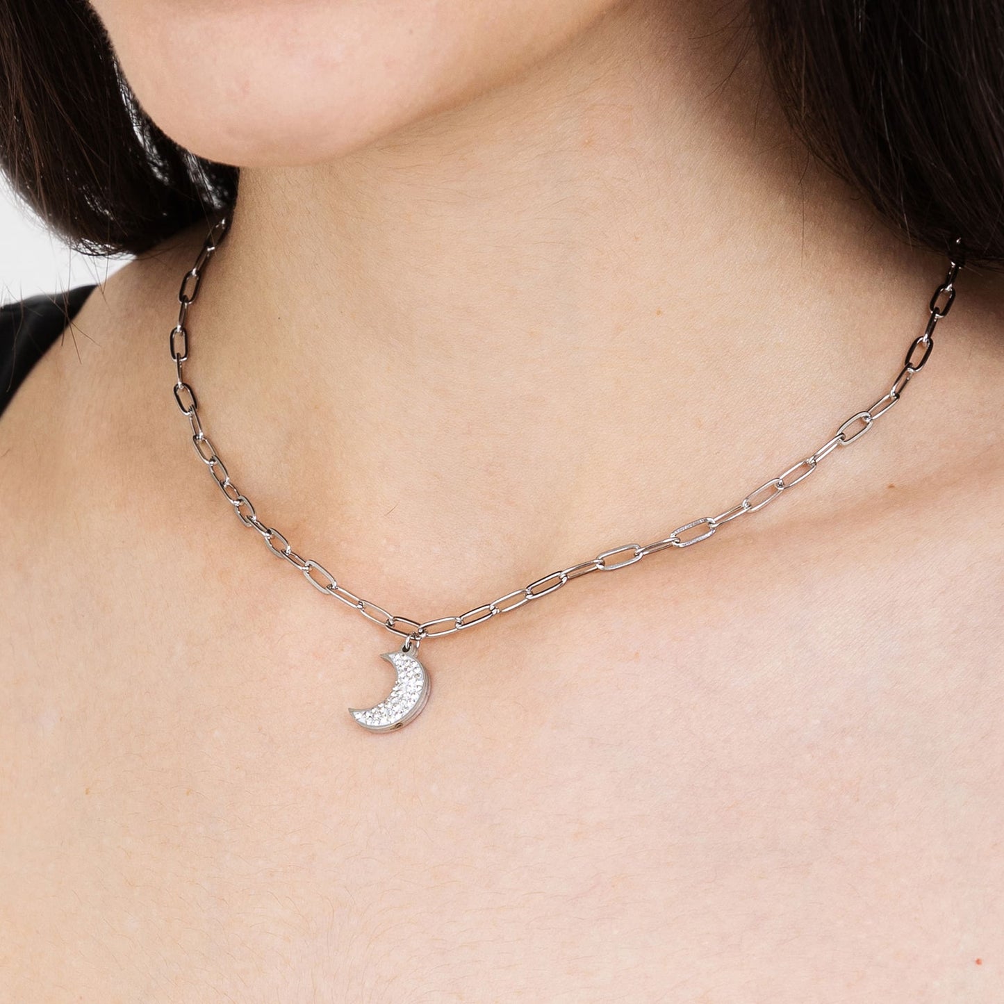 COLLIER POUR FEMME EN ACIER AVEC CRISTAUX BLANCS ET LUNE