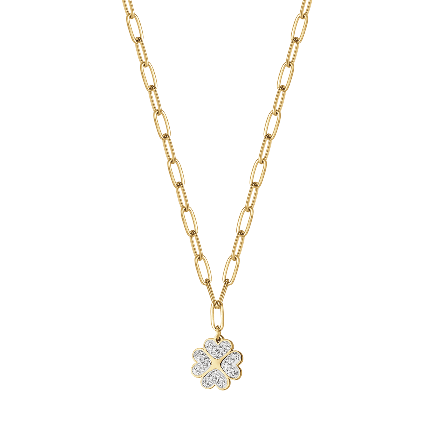 COLLIER EN ACIER DORÉ POUR FEMMES AVEC TRÈFLE À QUATRE FEUILLES ET CRISTAUX BLANCS